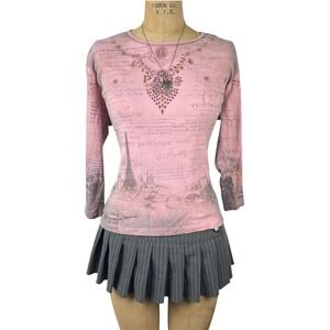 Y2K Paris Graphic Rhinestone Long Sleeve Top Women Small Pink Vintage Style